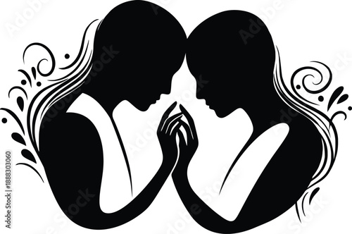 Black and white silhouette of two lovers leaning towards each other with heads touching and floral ornaments as a symbol of romantic passion and deep connection.