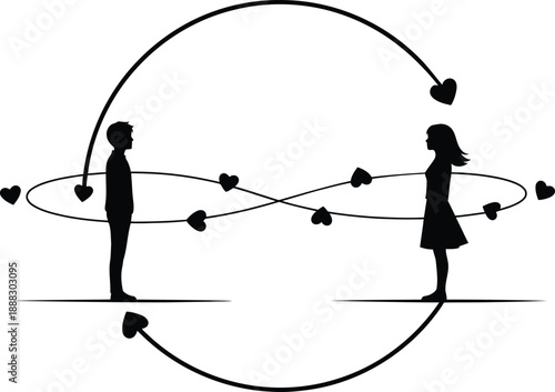 Black silhouette of a man and woman facing each other with infinity arrows and heart symbols representing eternal love and connection on white background.