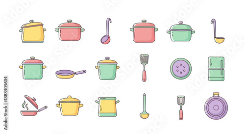 Colorful vector illustration of kitchen utensils for culinary projects