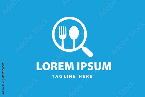 Magnifying glass with fork and spoon food search icon Vector logo template