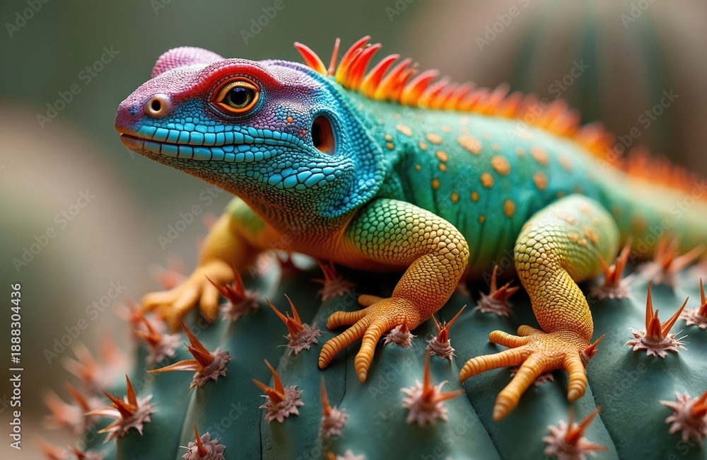 Fototapeta premium Ornate mastigure lizard with vibrant blue and red head perched on green cactus. Reptile has colorful body and spiky crest. Wildlife photo shows desert fauna.