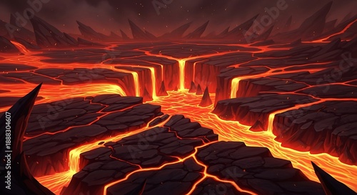 Fiery volcanic landscape with glowing lava flows carving through cracked earth and rocky terrain, creating a dramatic and otherworldly scene