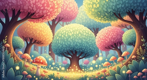 Enchanted whimsical forest with colorful fantasy trees and glowing mushrooms, magical forest illustration