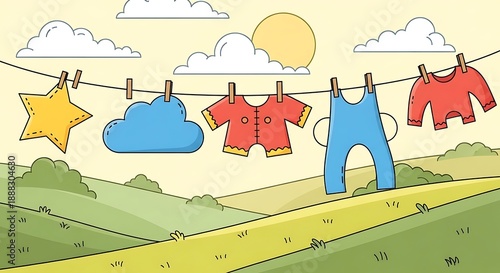 Whimsical illustration of a clothesline with children's garments and celestial elements against a backdrop of rolling hills and a sunny sky