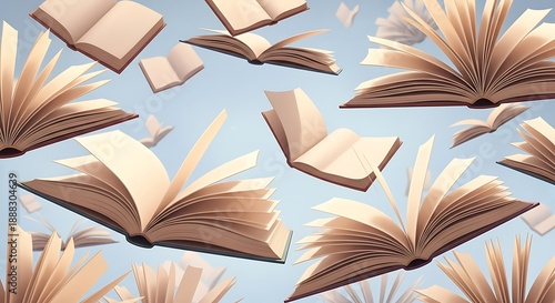 A whimsical cascade of open books scattering through the sky, symbolizing imagination and the boundless journey of reading