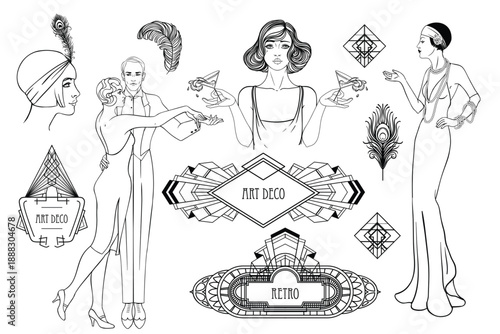 Black and white Art Deco vector set inspired by the Great Gatsby era. Decorative geometric frames and elements featuring men, women, fashion, cocktails, and vintage cars in elegant 1920s style.