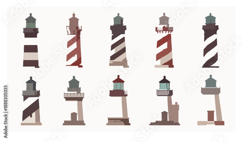 Classic lighthouse set flat vector illustration for coastal web design