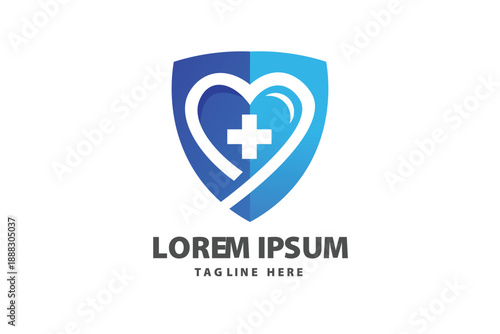Shield with a white heart and medical cross Vector logo template