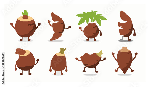 Cute cartoon cassava characters flat vector illustration set