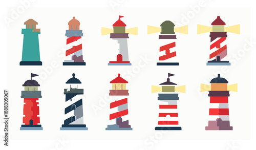 Cute cartoon lighthouse set flat vector illustration for creative web design