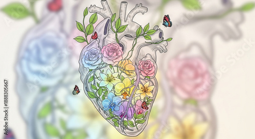 Heart with colorful flowers and butterflies symbolizing love and care