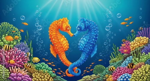 Two colorful seahorses face each other in vibrant underwater coral reef scene