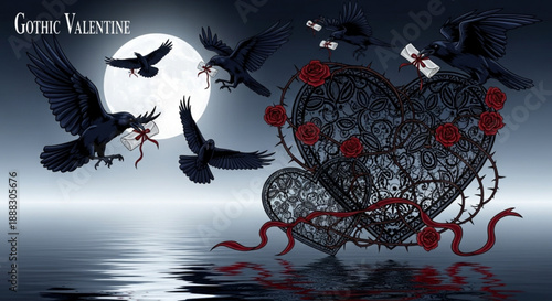 Gothic valentine heart with ravens flying around moonlit water