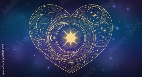 Golden heart with star and moon astrology symbol on dark blue background