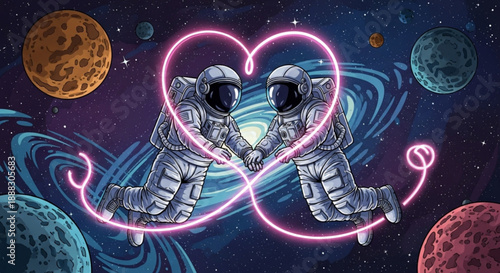 Two astronauts embracing in space with neon heart