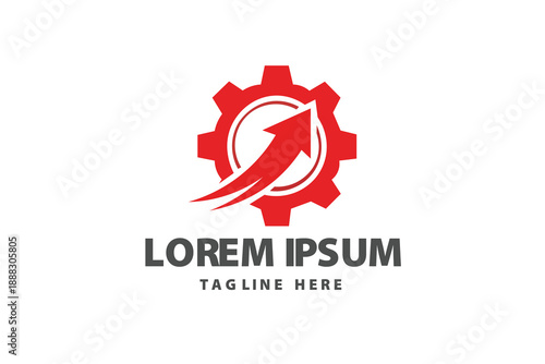 Red gear with rising arrow for industry growth Vector logo template