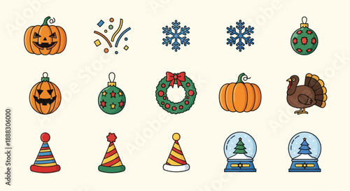 Festive holiday icons pumpkin snowflakes ornaments and celebratory symbols