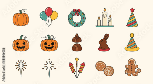 Festive holiday icons pumpkins decorations and celebratory symbols