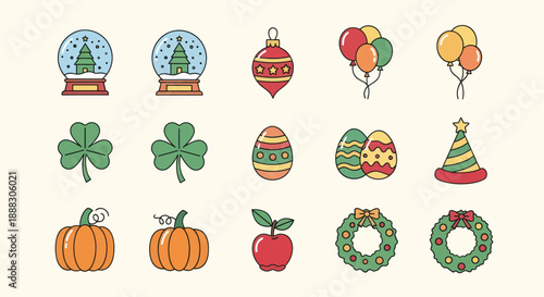 Festive holiday icons snow globes ornaments and seasonal decorations