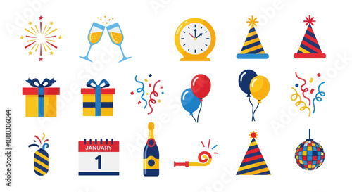 Festive icons celebrating an event with champagne gifts and confetti