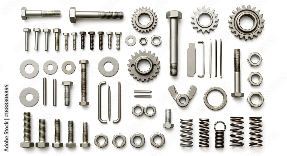 Fototapeta premium Assortment of various metal fasteners, nuts, bolts, springs, gears, and washers on white