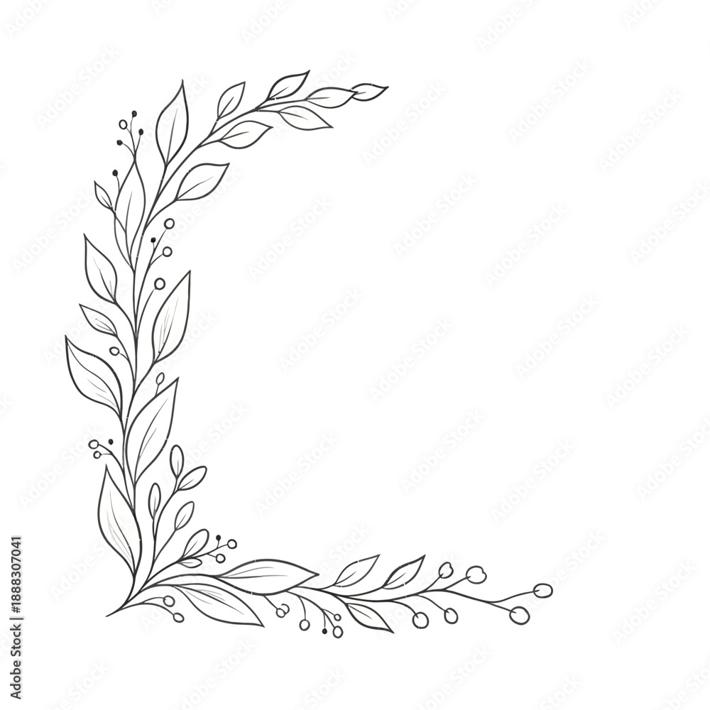 Obraz premium Elegant botanical corner flourish, hand-drawn leaves and berries