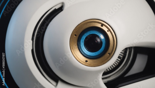 Futuristic robotic mechanical eye with glowing blue lens representing computer vision and artificial intelligence surveillance