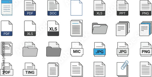 Grid displaying numerous file format icons including PDF, DOC, XLS, and JPG for digital document management concepts.