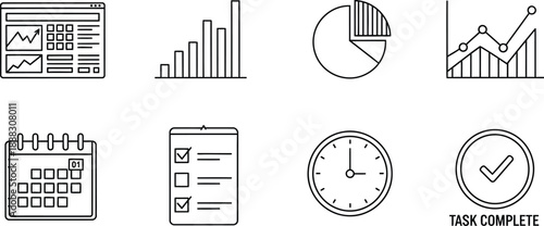 Monochrome outline icons display essential digital management tools for scheduling, reporting, and task completion.