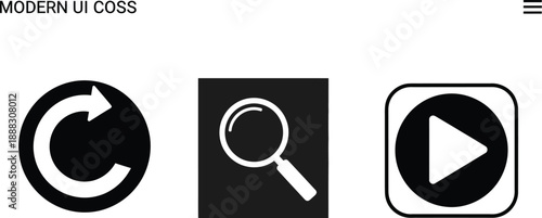 Simple black interface buttons feature universal symbols for refreshing, magnifying search, and media playback.