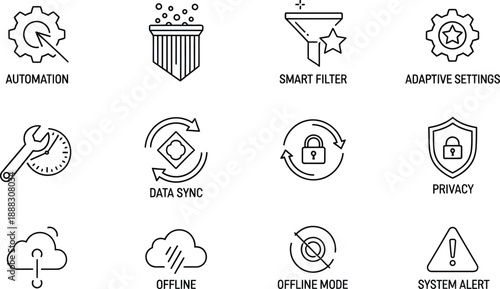 Outline icons representing advanced system functions such as automation, security shield, data synchronization,.