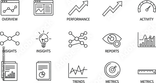 Collection of dashboard application icons depict various reporting elements crucial for monitoring system overview.
