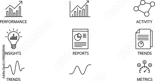 Data analysis symbols featuring charts and graphs represent comprehensive business performance tracking and strategic.