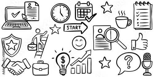 Business and Career Development Hand Drawn Doodle Icon Set.