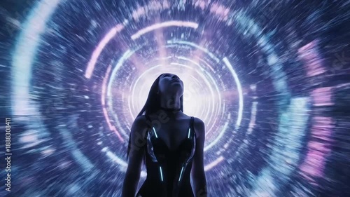 Futuristic Woman in a Digital Tunnel of Light, Science Fiction Concept Art
