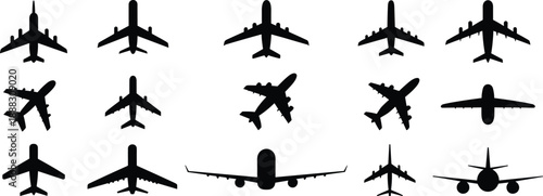 Airplane silhouettes collection, aircraft icons set, aviation transport concept, jet plane vector, travel industry design, flight symbol illustration, graphic bundle