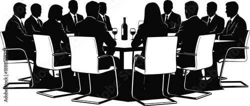 Business meeting silhouettes showing corporate team discussion around conference table, professional people collaboration, leadership, strategy, office environment, isolated white background