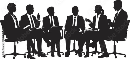 Business meeting silhouettes showing professional men discussion, corporate teamwork, leadership conversation, office conference scene, collaboration 