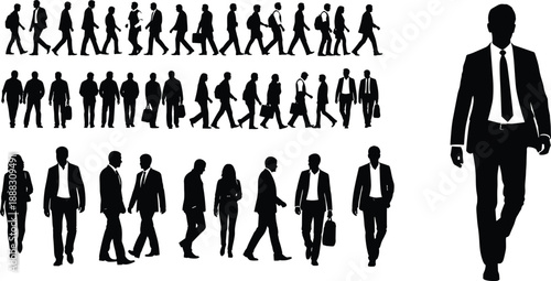 Business people silhouettes collection, professional men and women walking, corporate crowd, 