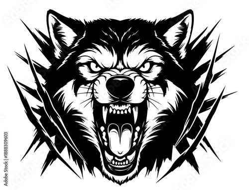 wolf snarling with its mouth wide open, revealing sharp teeth and fangs