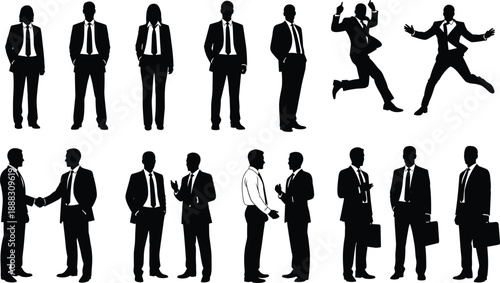 Business people silhouettes set showing standing, jumping, shaking hands, talking poses, professional men teamwork, corporate lifestyle, isolated white background vector illustration