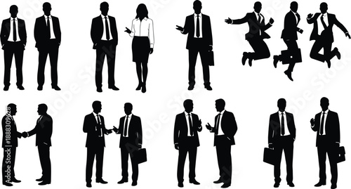 Business people silhouettes set showing standing, jumping, shaking hands, talking poses, professional teamwork, corporate lifestyle, isolated white background vector illustrationBusiness people 
