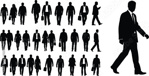 Business people silhouettes set, professional men and women walking, corporate commuters, leadership concept, office crowd, isolated white background vector illustration