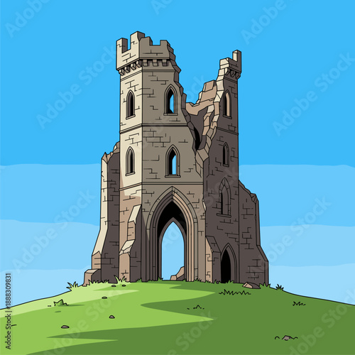 Ruined Castle on Hill - Cartoon Style