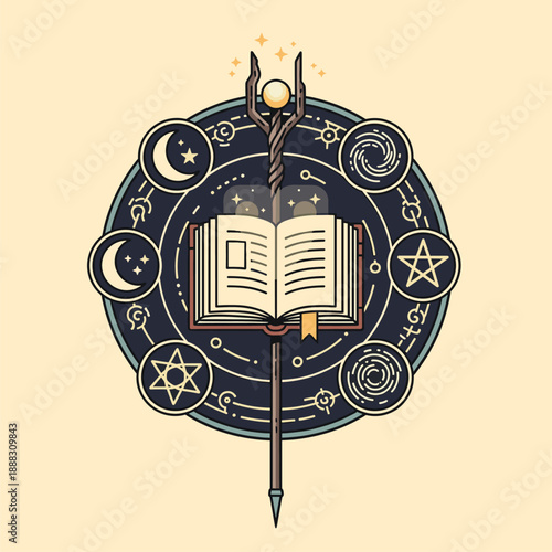 Magical Grimoire with Staff and Celestial Symbols Illustration