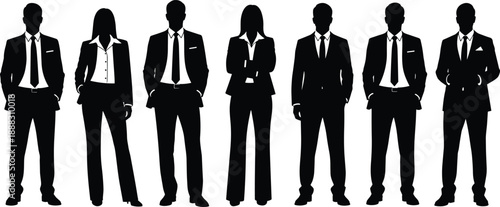 Business professionals silhouettes standing in row, corporate team men and women, leadership concept, office staff, isolated white background vector