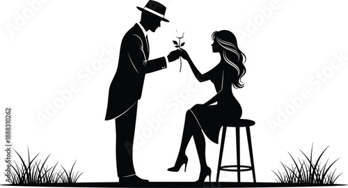 Romantic couple silhouette with flower, man giving rose to woman, love proposal concept, dating relationship moment, elegant black white illustration art