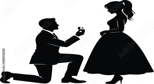 Romantic marriage proposal silhouette, man kneeling with ring, love engagement concept, couple relationship moment, wedding romance illustration, black white vector art
