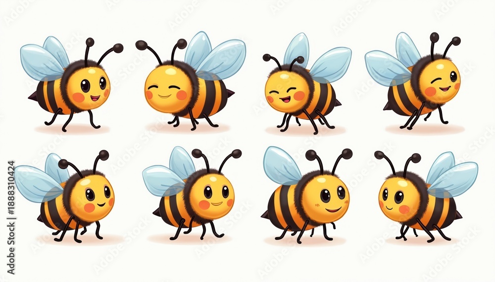 Naklejka premium Set of eight cartoon bees in various playful poses. These cute yellow and black insects have big eyes and happy expressions, perfect for kid-friendly designs and educational content about nature.
