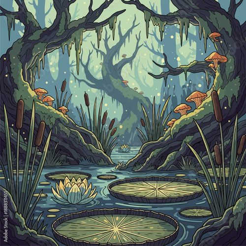 Mystical Swamp Landscape with Lily Pads and Cattails, Vector Illustration